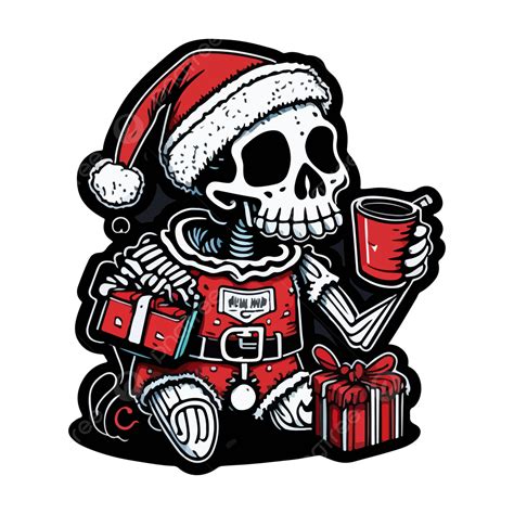 Cartoon Skeleton Wearing A Santa Outfit Drinking Coffee Vector Skelton