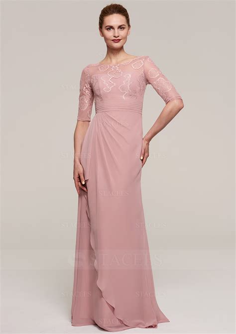 Bateau Half Sleeve Chiffon Sheath Column Long Floor Length Mother Of