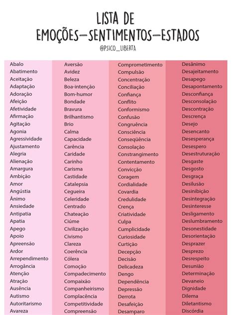 Lista De Emoções E Sentimentos Para Imprimir - Uma lista abrangente de emoções, sentimentos e estados psicológicos ...