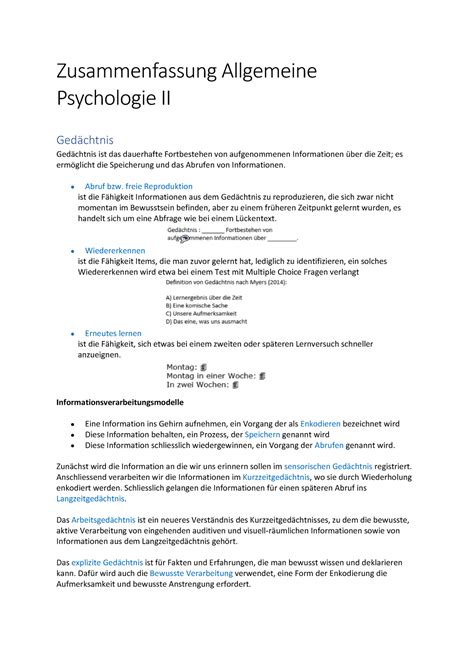 Zusammenfassung Allgemeine Psychologie 2 Zusammenfassung Allgemeine