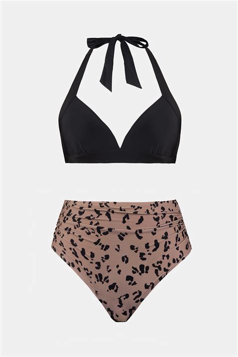 Halter Bralette Leopard Shirred High Waist Bikini Set