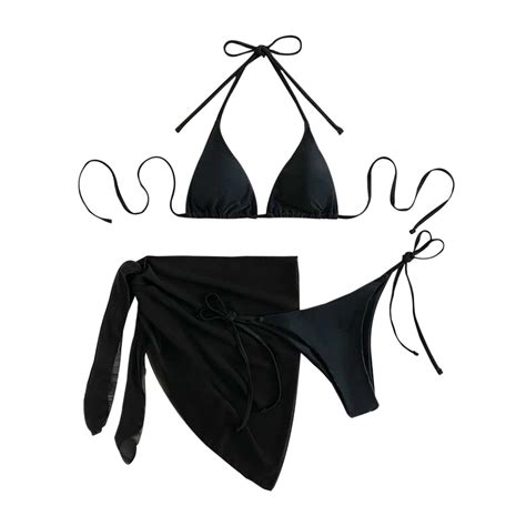 Celivon Womens Solid Color Triangle Bralette Tie Up Sexy Bikini Top With Skirted Bottoms Piece