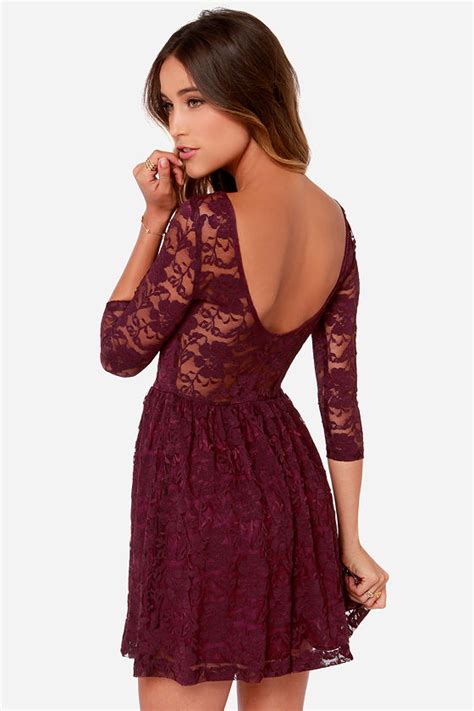 Pretty Burgundy Dress Long Sleeve Dress Lace Dress 4200