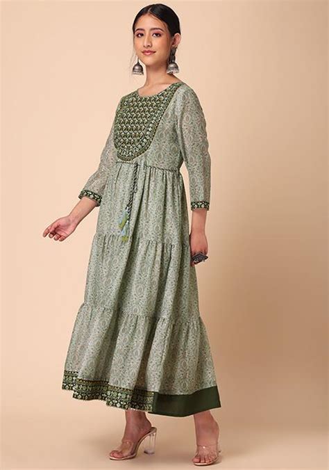 Buy Women Green Mughal Print Tiered Cotton Anarkali Kurta Anarkali