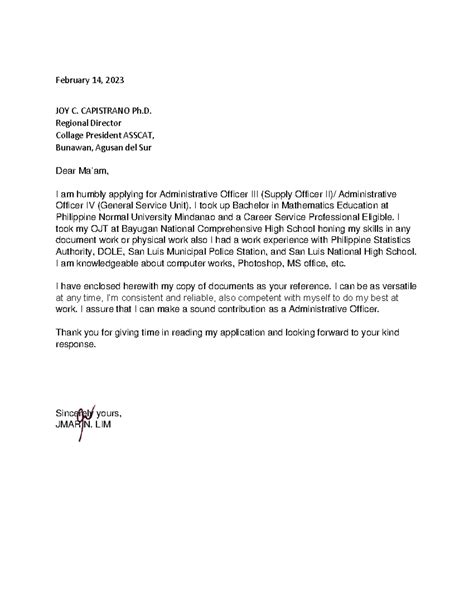 application letter asscat february   joy  capistrano ph