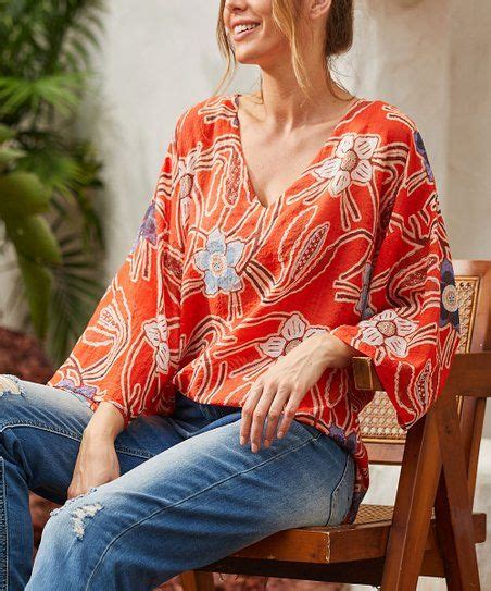 Simple By Suzanne Betro Rust Floral V Neck Top Women Plus Best