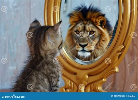 Cat Looking At Mirror And Sees Itself As A Lion Generative Ai Stock