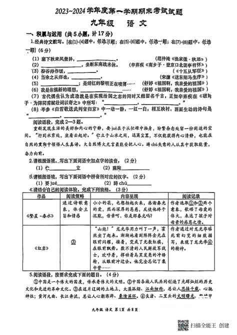 陕西省西安市高新区2023 2024学年第一学期（上学期）期末九年级语文（扫描版，无答案） 21世纪教育网