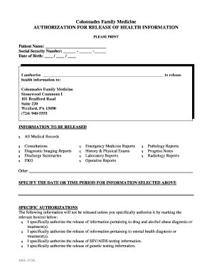 Fillable Online Medical Record Release Authorization Form Colonnades