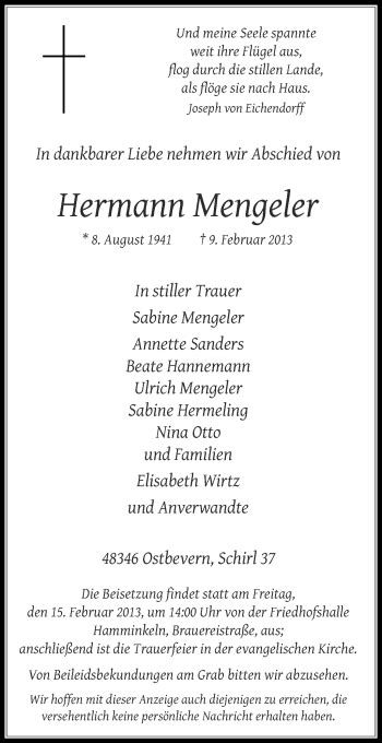 Traueranzeigen Von Mengeler Hermann Trauer Ms