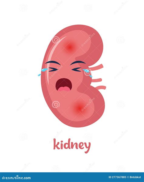 Sick Kidney With Pain Ache Or Disease. Sad Cartoon Character Kidney