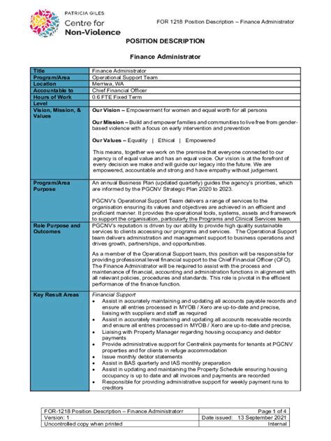 fillable  finance administrator job description template fax