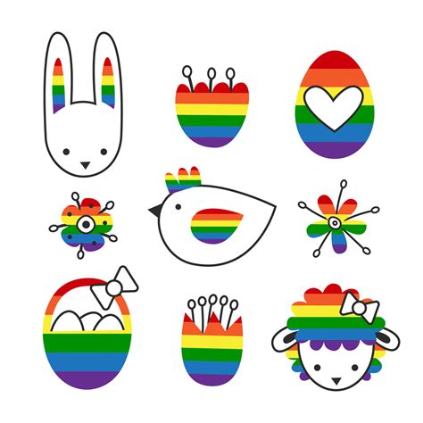 Rainbow Easter Symbols Set Lgbt Springtime Holiday Objects Gay Bunny Eggs Lamb Chicken