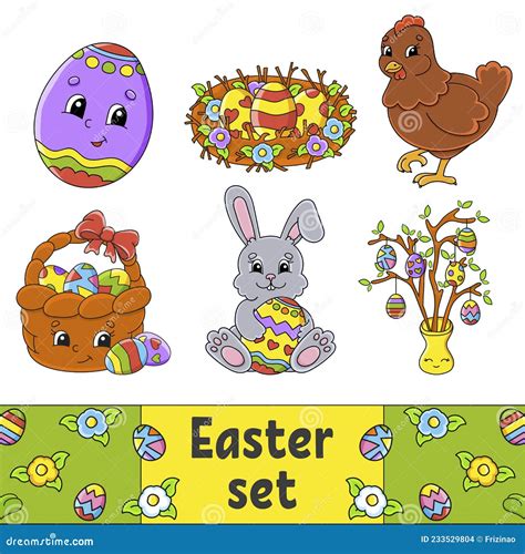 Set Of Cute Cartoon Characters Easter Clipart Hand Drawn Colorful