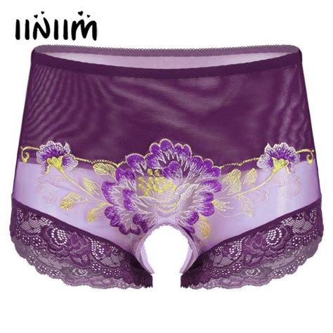 Mens Lingerie Lace Trim See Through Mesh Sissy Panties Flower Embroidery Crotchless Briefs