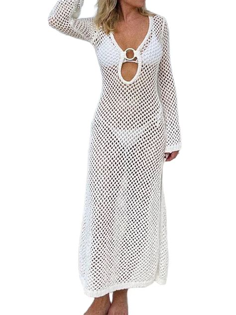 Chqcdarlys Womens Crochet Beachwear Cover Up Long Sleeve Hollow Out Bikini Long Maxi Beach Dress