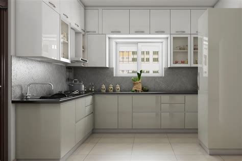 White Kitchen Design With Grey Dado Tiles Livspace