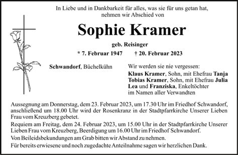 Traueranzeigen Von Sophie Kramer Mittelbayerische Trauer