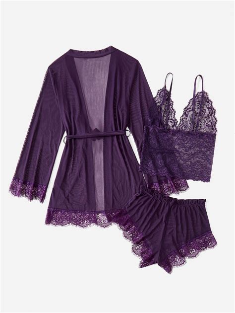 Classic Sexy Pack Contrast Lace Mesh Lingerie Set Robe Belt For