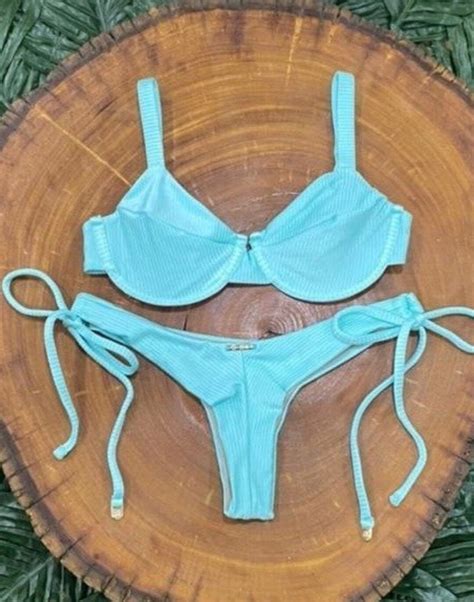 Light Blue Brazilian Bikini Set Blue Hang Glider Bottom And Adjustable Top Ribbed Soft High
