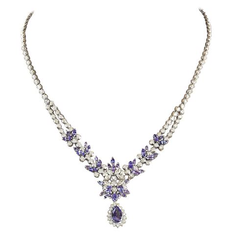 Collier En Or Jaune Massif Carats Avec Diamants Et Tanzanite De