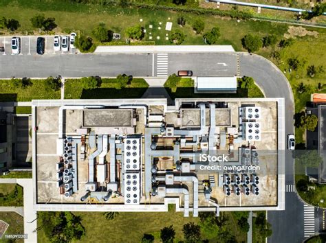 elevated view  industrial airconditioning units   rooftop stock