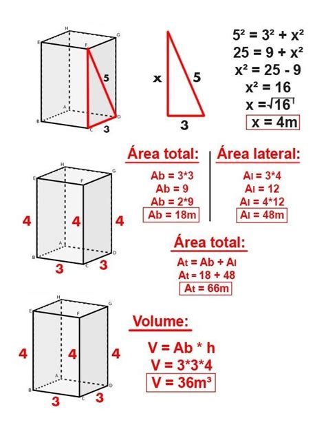 Prisma Base Quadrada - Determine área total e o volume do prisma de base quadrada onde BC = 3m ...