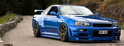 blue nissan skyline gtr    forest road  wallpaper