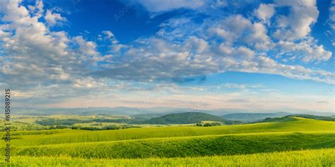 Natural Panoramic Summer Landscape Beautiful Green Fields In The Hilly