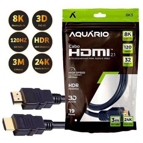 Cabo HDMI Blindado 8K 2 1 19 Pinos 3D 24K Ponta Ouro 3 Metro Aquario