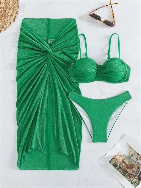 Solid Bikini Set Push Up Underwire Top Bikini Twist Beach Skirt Piece Swimwear Shein Uk