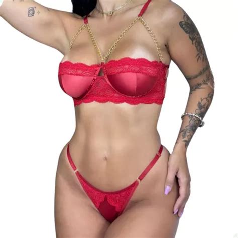 Lingerie Sexy Meia Taça Aro Corrente Dourada Fio Dental Rend Parcelamento sem juros