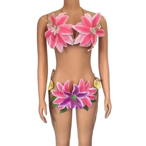 Sexy Colorful Big Flowers Transparent Bikini Dress Women Dancer Show