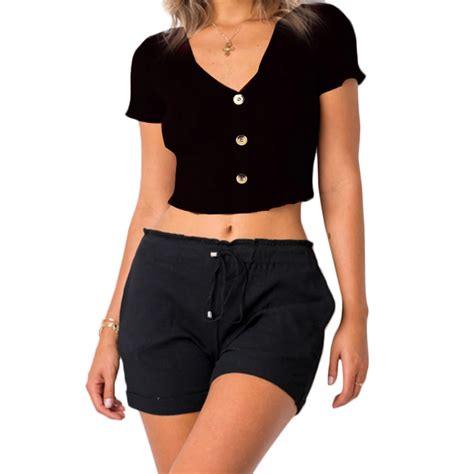 New Women Knitted Cropped Top Ribbed Deep V Neck Short Shirts For Women