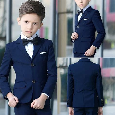 Handsome Navy Blue Boys Tuxedos Slim Fits Children Business Suit Kid