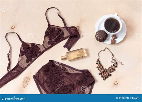 Shopping And Fashion Concept Set Of Glamorous Stylish Lace Lingerie With Chocolate Sweets