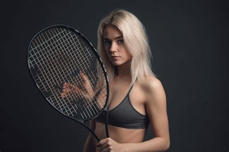Premium Photo Sexy Blonde Girl With Tennis Racket Poses In The Studio Isolated On A Textured