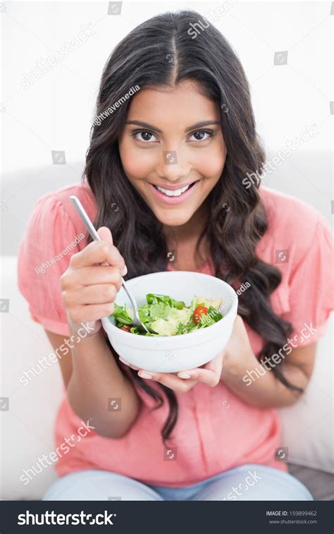 Cheerful Cute Brunette Sitting On Couch Stock Photo Shutterstock