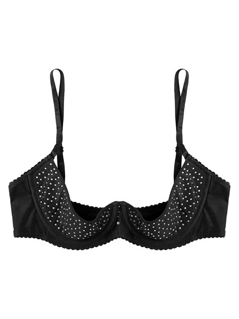 Iiniim Women S Sparkly Rhinestone Underwire Shelf Bra Push Up Half Cup Balconette Lingerie Black