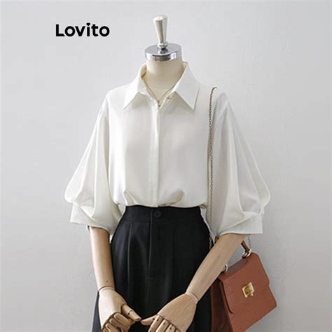 Lovito Elegante Lisa Blusa Feminina Botão Frontal e Manga Bufante