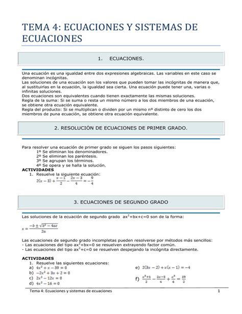 Tema Ecuaciones Y Sistemas De Ecuaciones