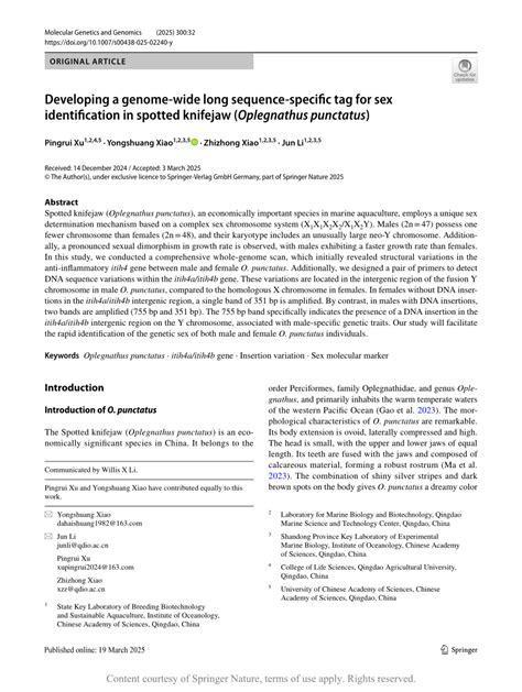 Developing A Genome Wide Long Sequence Specific Tag For Sex Identification In Spotted Knifejaw