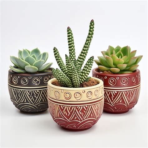 Premium AI Image | 3 ceramic pots decorated with succulents on a white ...