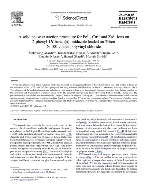 PDF A Solid Phase Extraction Procedure For Fe3 Cu2 And Zn2 Ions