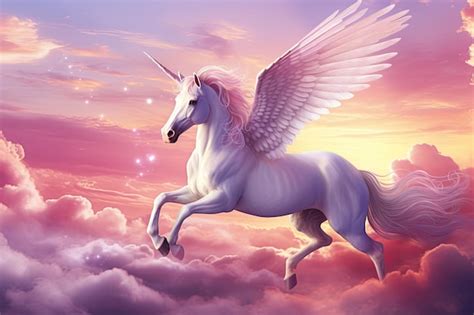 Unicornio volando a través de nubes rosadas y moradas Mágico y realista