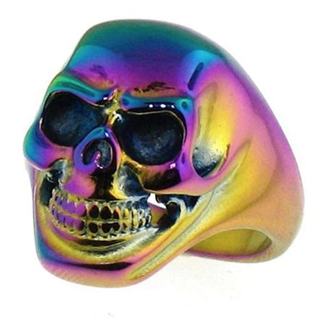 Anodized Rainbow Skull Ring With Smiling Skeleton Face Gay Biker