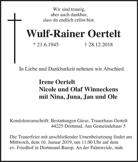 Traueranzeigen Von Wulf Rainer Oertelt Trauer In Nrw De