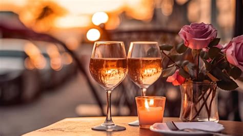 Premium Ai Image Romantic Evening Glass Of Wine And Roses On Table In Cafe Street On Sunset