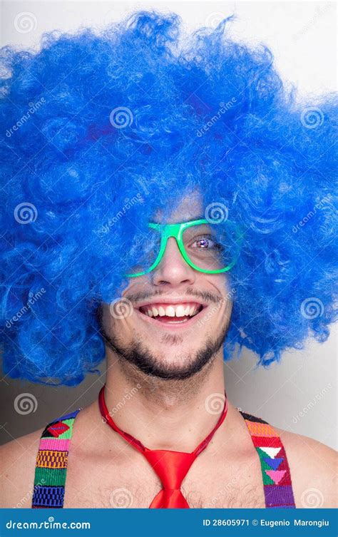 Funny Guy Naked With Blue Wig And Red Tie Stock Image Image Of Expression Happiness 28605971