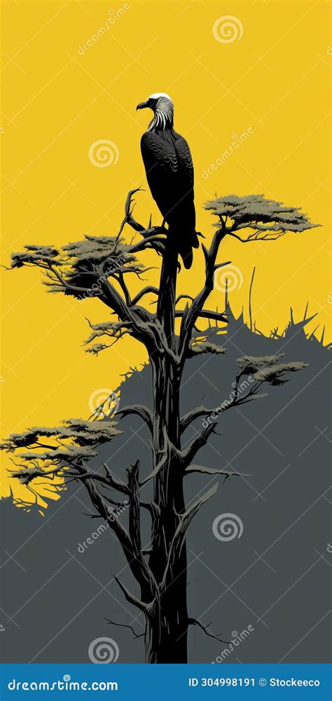Bold African Influence Dark Yellow And Gray Eagle In Tree Stock